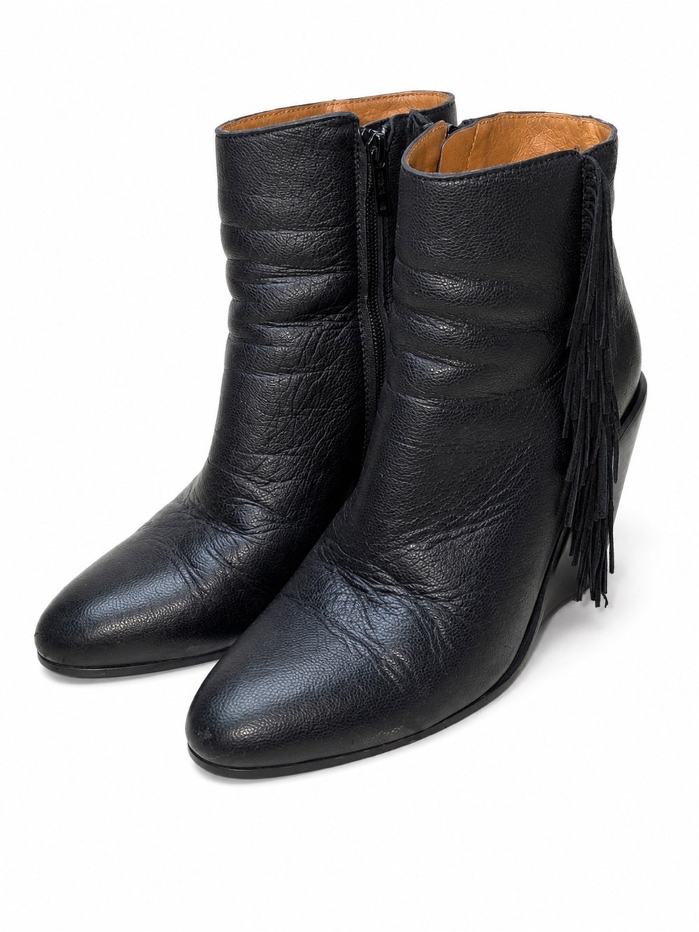 See by Chloé Black Leather Fringe Wedge Ankle Boots Boho Whimsigoth Goth Sz 7
